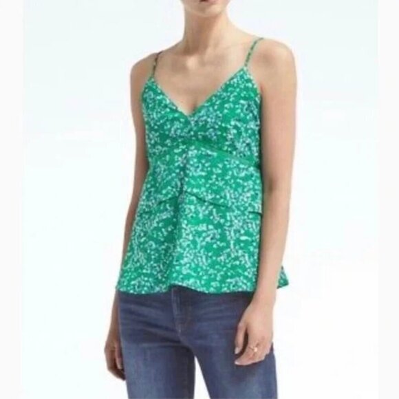 Banana Republic Sleeveless Peplum Layered Cami Green & Navy Floral Size 8 PETITE - Picture 2 of 10